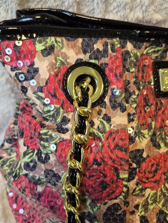 Betsey Johnson Sequined Pleated Tote Black Floral Hobo Handbag Purse Colorful main image 4